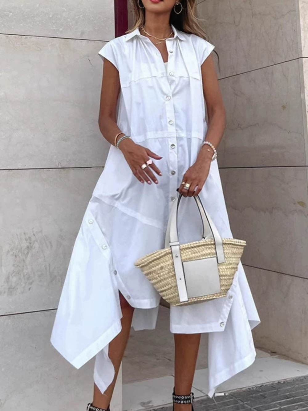 Forever 21 White Turn Down Collar Cotton Patchwork Shirt Dress Fall